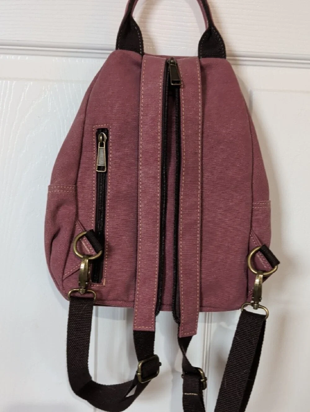 Dusty Rose Canvas Mini Backpack with Brown Trim - Unbranded